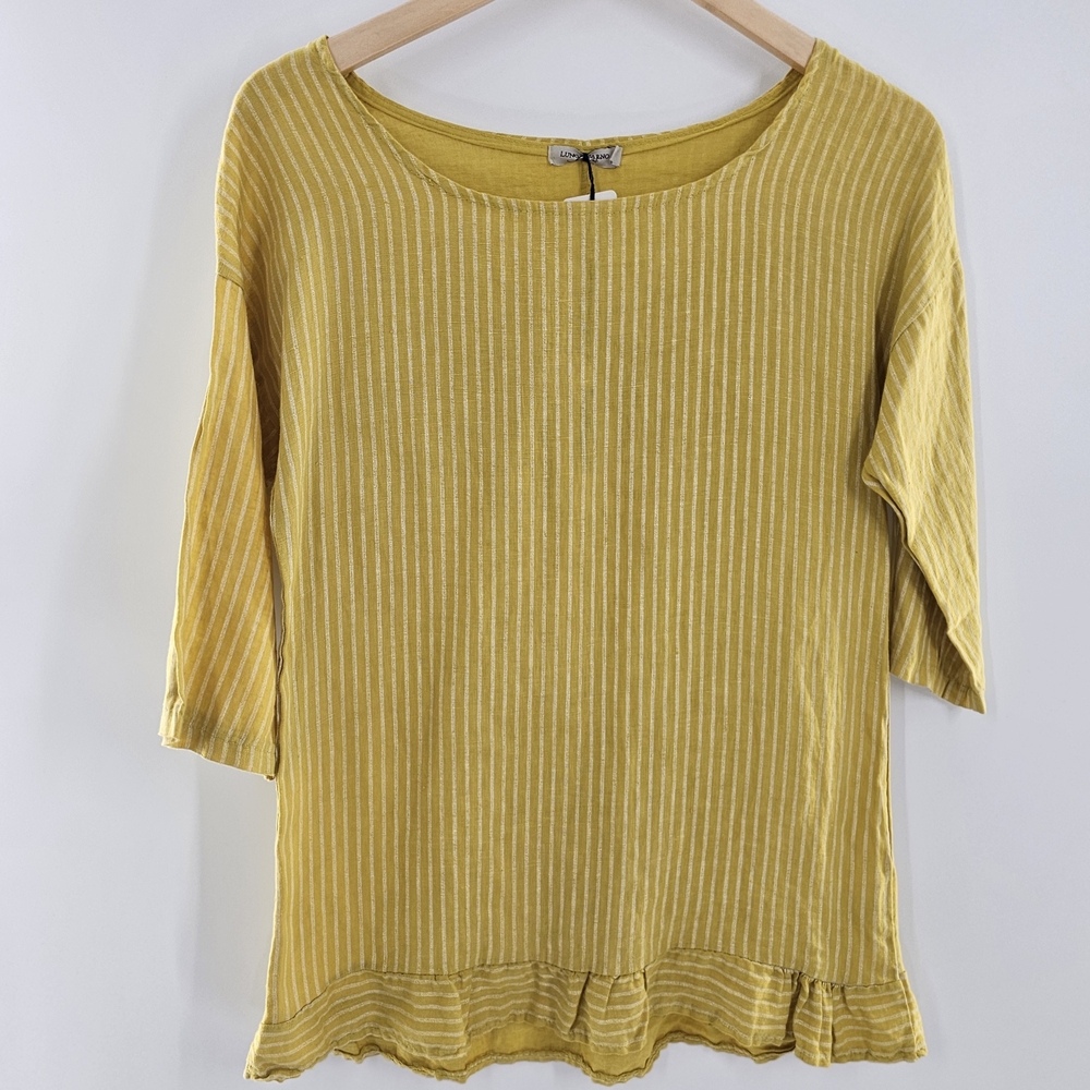 Lungo L'arno 3/4 Sleeve 100% Linen Mustard Striped Top w/ Ruffle Hem Size Small